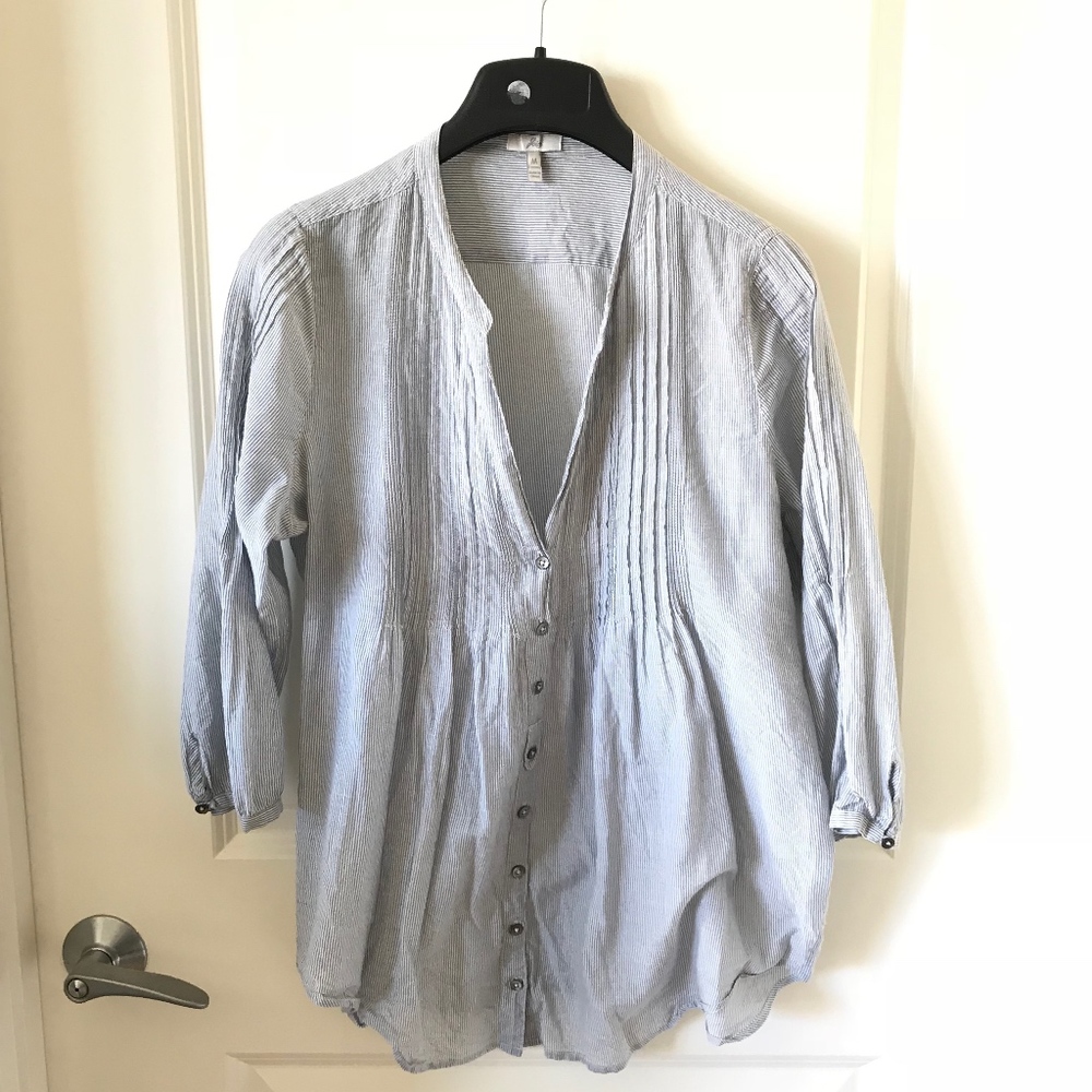Joie Semi-Sheer Cotton Blouse in Grey Micro-Stripe